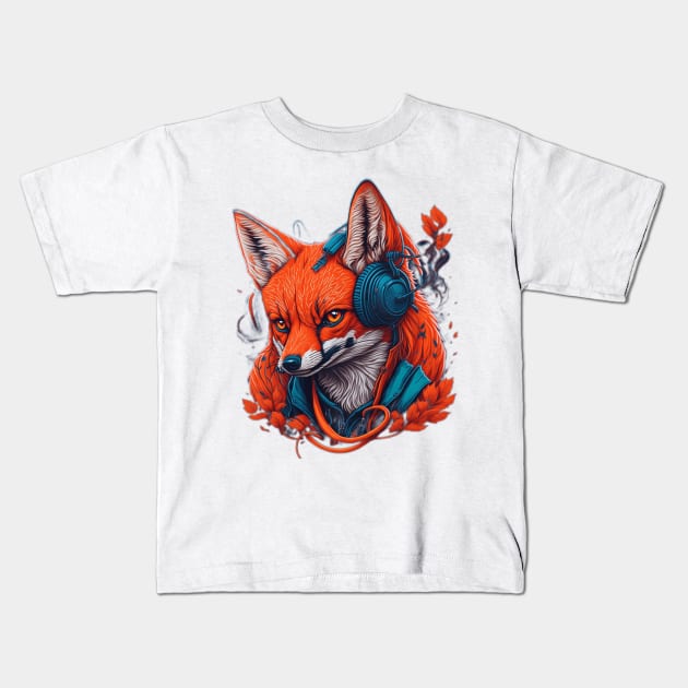 Digital AI Art FOX Animal Wearing Headphones Kids T-Shirt by AubreyButtaApparel